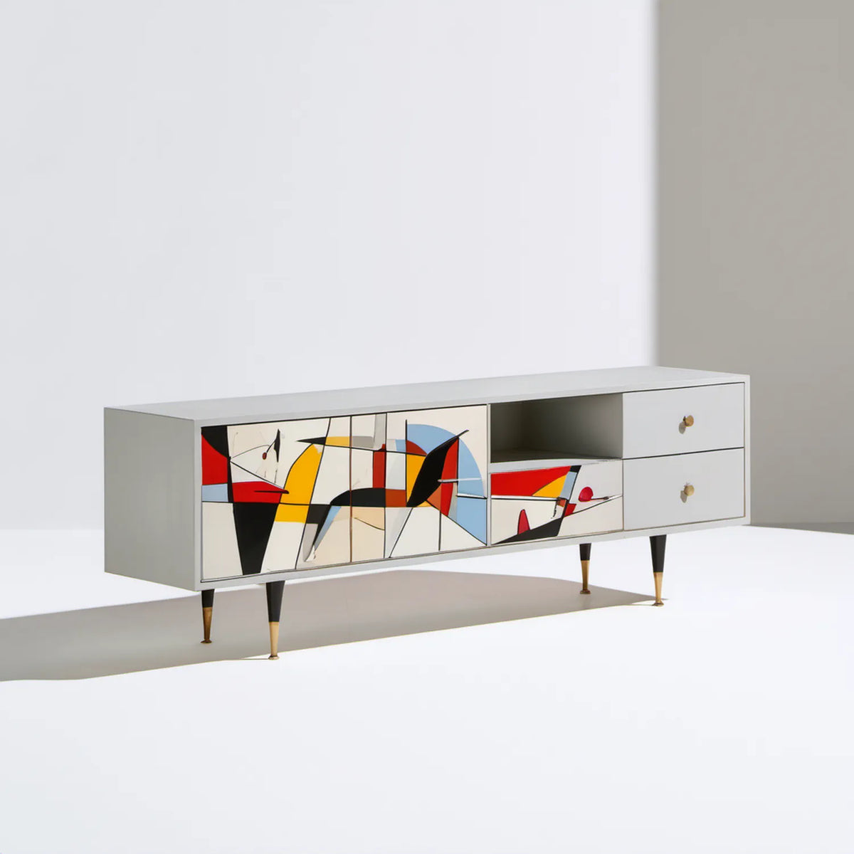 Biała szafka RTV z geometrycznym nadrukiem 180 x 40 x 65 cm