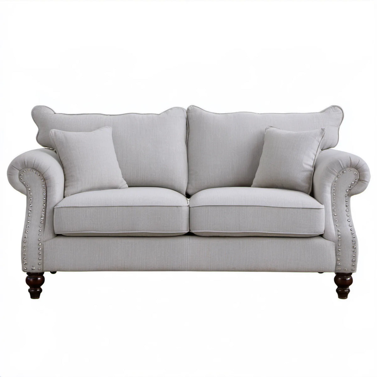 Dwuosobowa sofa jasnoszara 163 x 91 x 91 cm z poduszkami i nitami tapicerskimi