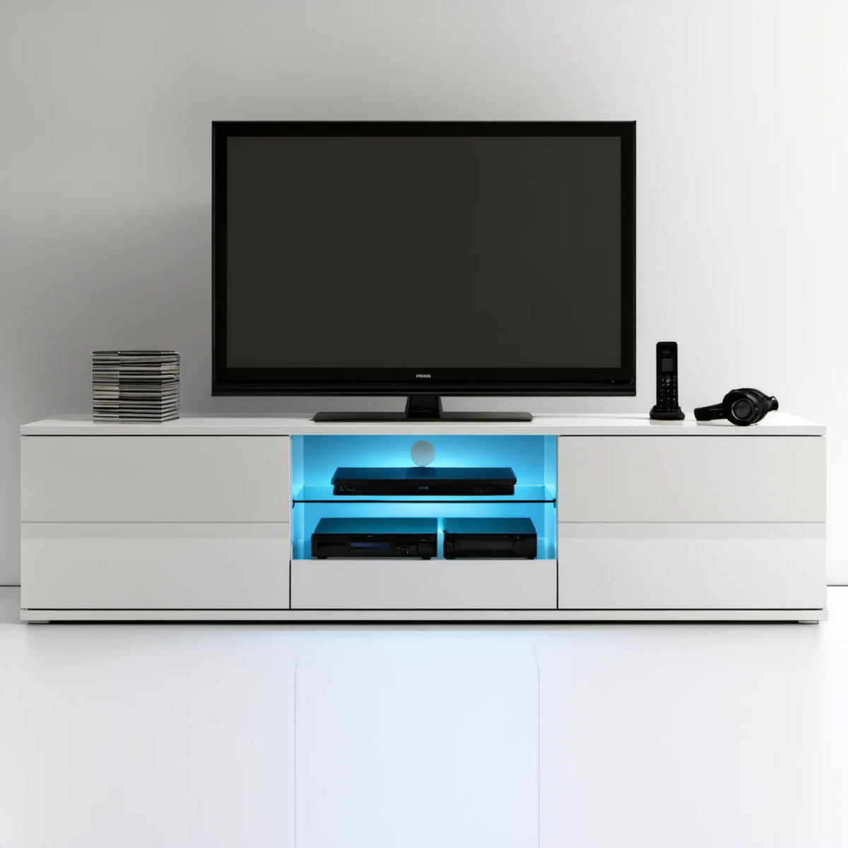 Biała szafka RTV 200 x 40 x 50 cm z niebieskim oświetleniem LED