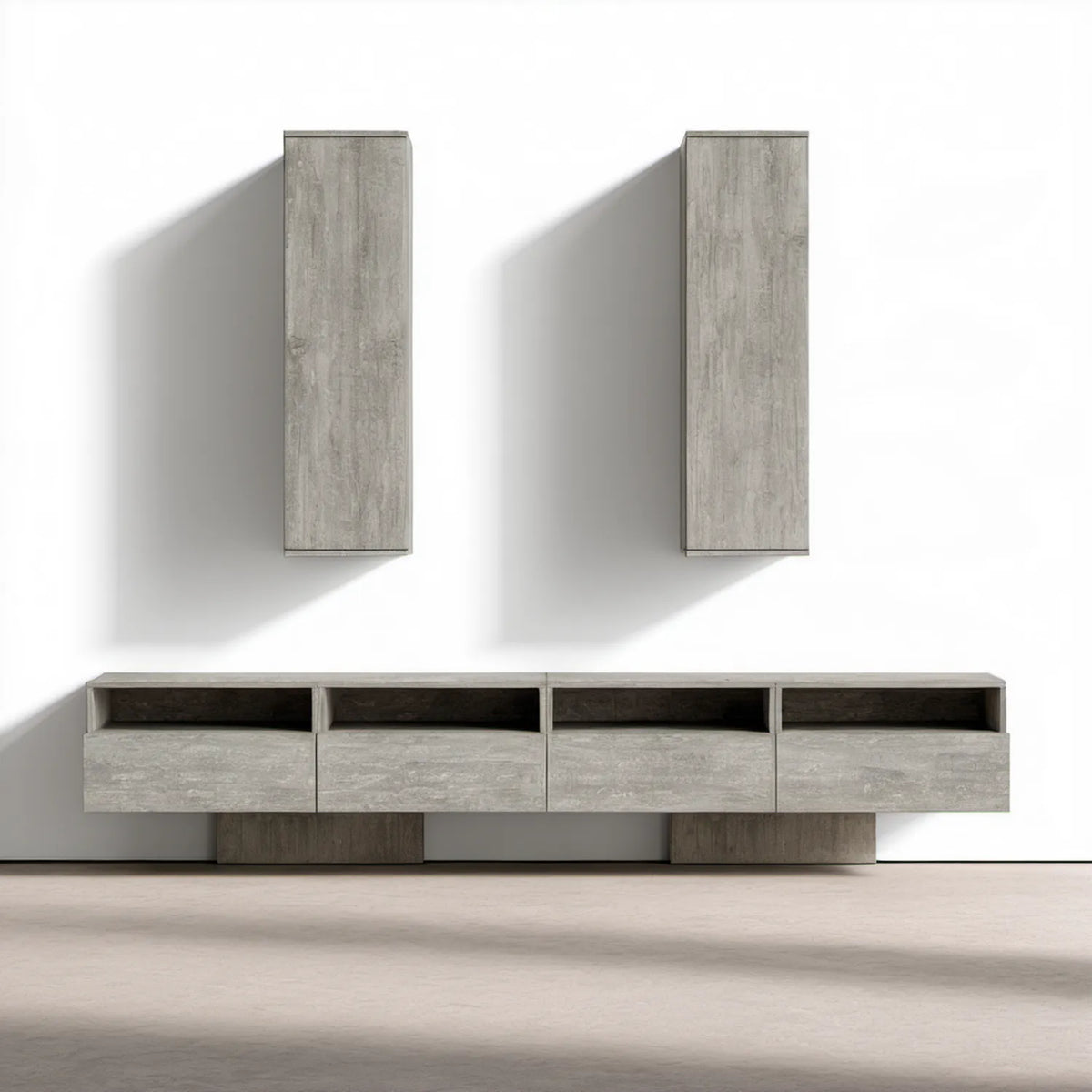 Zestaw mebli RTV w dekorze szarego betonu – element dolny 200 × 40 × 45 cm, 2 moduły wiszące 40 × 30 × 100 cm