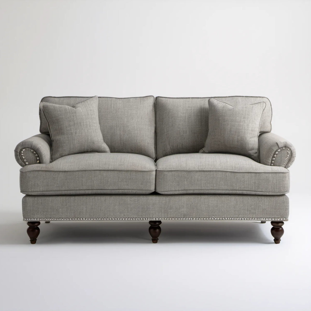 Szara sofa dwuosobowa 165 × 92 × 95 cm z ciemnobrązowymi nogami