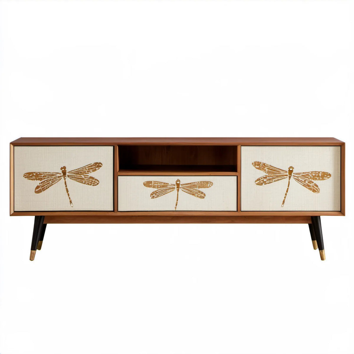 Szafka RTV retro brązowo-kremowa z motywem ważek, 180 x 40 x 75 cm