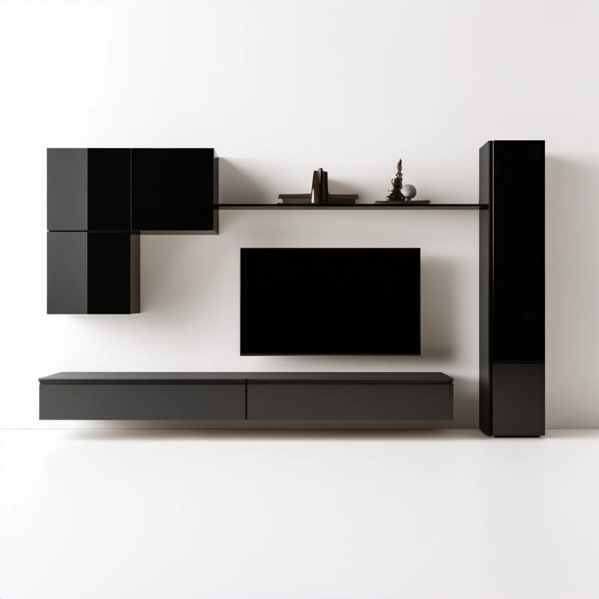 Czarny zestaw mebli RTV z płyty laminowanej 300 × 40 × 190 cm