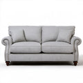 Klasyczna sofa dwuosobowa jasnoszara z ciemnobrązowymi nogami, 170 x 90 x 95 cm