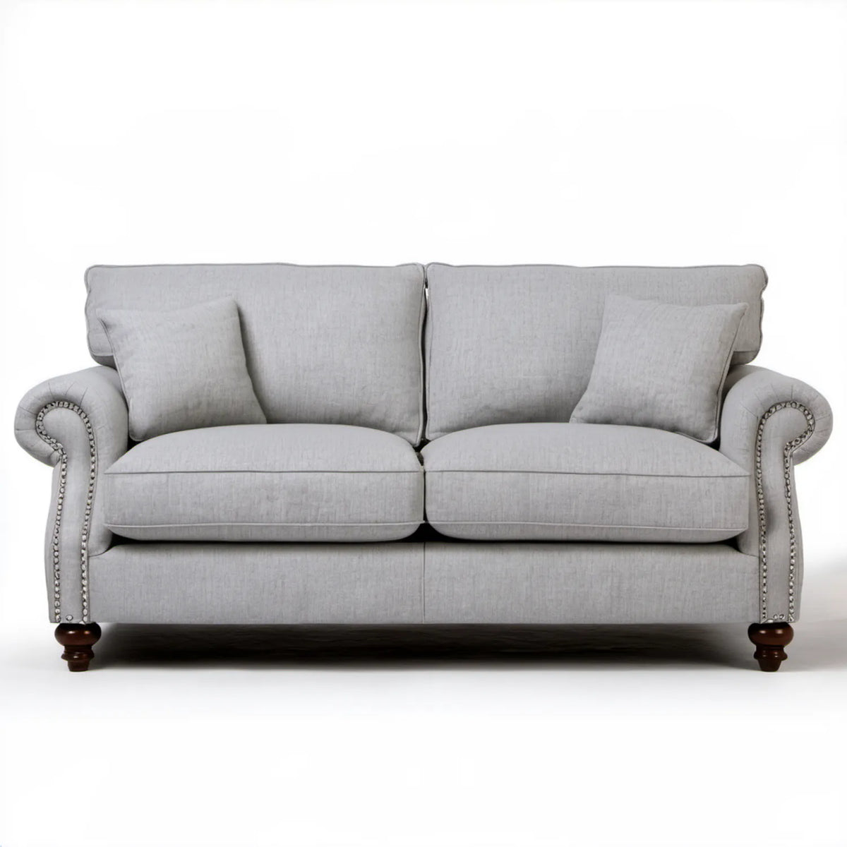 Klasyczna sofa dwuosobowa jasnoszara z ciemnobrązowymi nogami, 170 x 90 x 95 cm