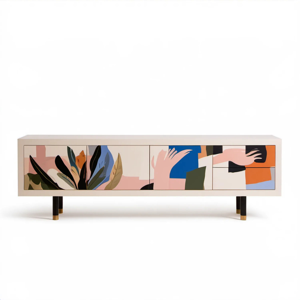 Kremowa szafka RTV 4-drzwiowa z abstrakcyjnym nadrukiem, 180 × 40 × 75 cm