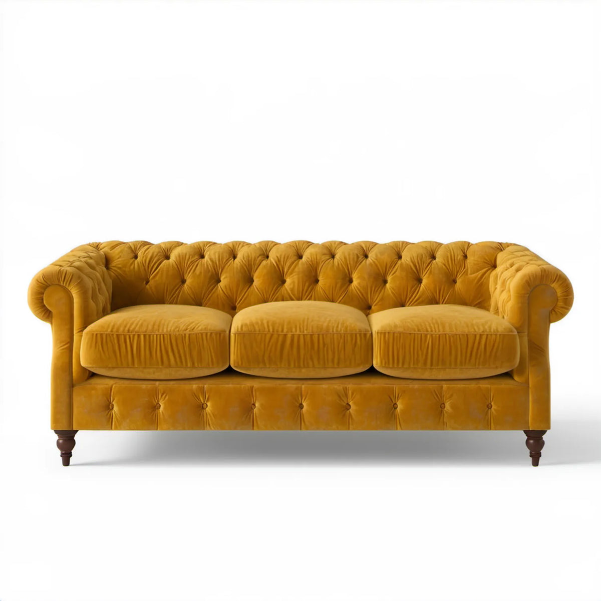 Trzyosobowa sofa Chesterfield z weluru poliestrowego, musztardowa, 220 x 90 x 80 cm