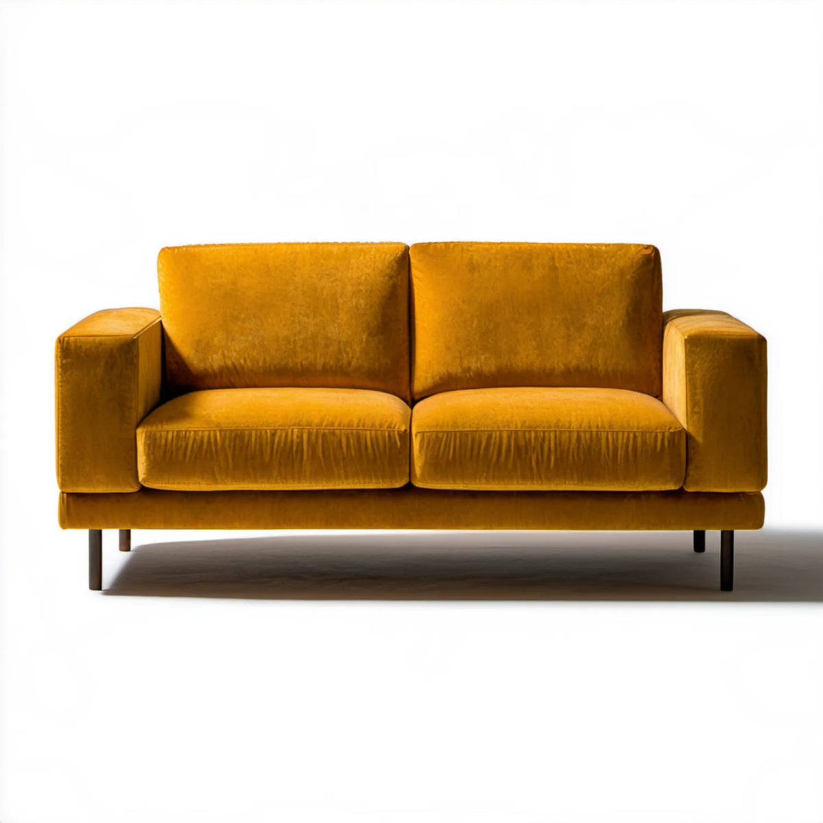 Dwuosobowa sofa musztardowa z czarnymi nóżkami, 160 x 85 x 82 cm, aksamit poliestrowy